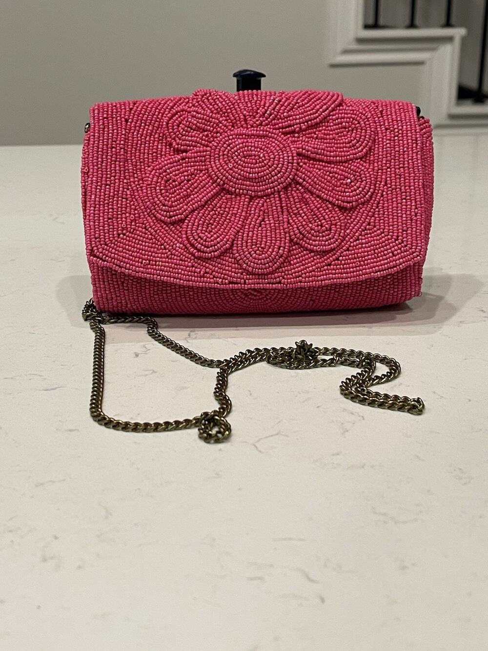 Anthropologie Hot Pink Beaded Floral Clutch